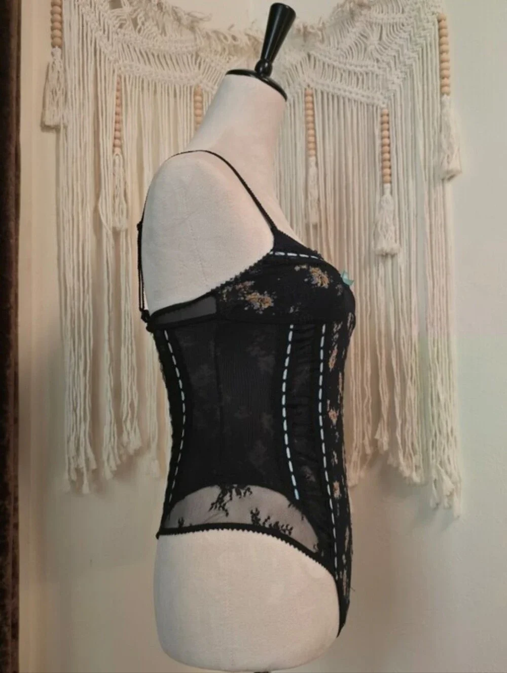 Free People Black Floral Lace Bodysuit with Blue Trim